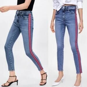 Zara Skinny Jeans Red Tuxedo Stripe Grosgrain High Rise Women 6